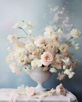 un' vaso traboccante con delicato rosa fiori con grazia adorna un' tavolo.. generativo ai foto