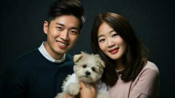asiatico coppia con loro cane cattura un' Perfetto famiglia momento.. generativo ai foto