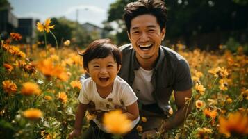 padre e figlio ridere tra il fiori, il sole illuminante loro sorride.. generativo ai foto