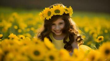 poco ragazza indossare un' corona di fiori ride nel un' campo pieno di fiori. generativo ai foto