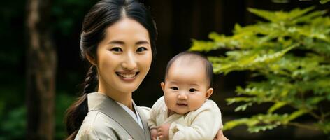 un asiatico madre e sua neonato bambino siamo molto vicino per ogni Altro.. generativo ai foto