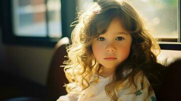 ritratto di un' poco ragazza con ondulato Marrone capelli, illuminato di morbido luce.. generativo ai foto