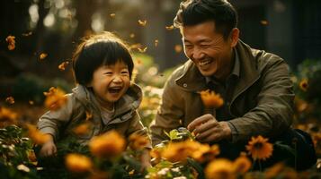 padre e figlio ridere tra il fiori, il sole illuminante loro sorride.. generativo ai foto