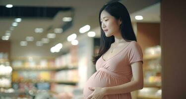 asiatico incinta donna shopping nel un' supermercato. generativo ai foto