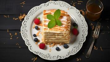 caramello crema strato torta con frutti di bosco e menta foto