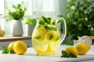 agrume limonata nel un' brocca su un' tavolo nel il cucina. limoni e menta, vaso con fiori. generato di artificiale intelligenza foto