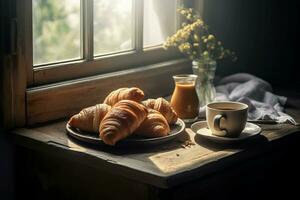 accogliente mattina caffè brioche prima colazione. creare ai foto