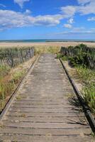 un' di legno passerella conduce per il spiaggia e oceano foto