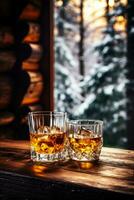 freddo whisky campionamento nel accogliente inverno cabina sfondo con vuoto spazio per testo foto