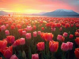 paesaggio di colorato tulipano i campi di il lago, luce del sole splendente su tulipano campi, e un' montagna a tramonto nel il sfondo. generativo ai foto