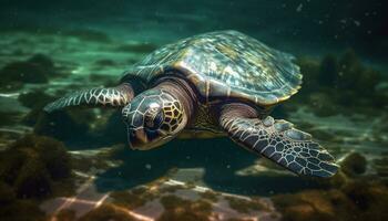un' bellissimo mare tartaruga nuoto nel il tranquillo blu acqua generato di ai foto