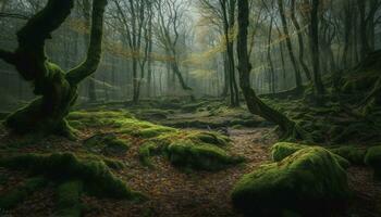 misterioso autunno foresta, tranquillo scena, nebbioso mattina, verde le foglie generato di ai foto