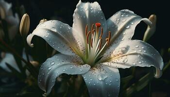 luminosa rosa fiore testa con bagnato petali nel un' buio sfondo generato di ai foto