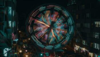 Filatura ruota di vivace colori si illumina il città orizzonte a notte generato di ai foto