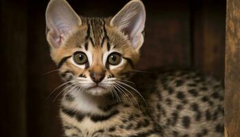 carino gattino, piccolo e a strisce, guardare a voi con curiosità generato di ai foto
