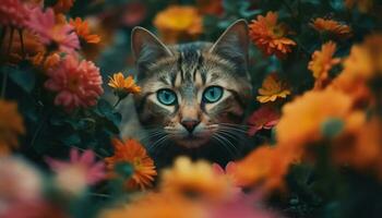 carino gattino seduta su erba, guardare a giallo fiore generato di ai foto