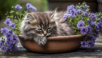 carino gattino seduta su tavolo, guardare a fiore pentola all'aperto generato di ai foto