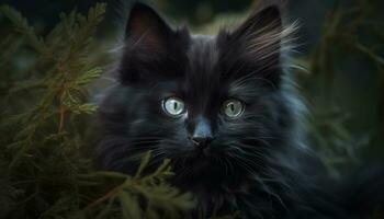 carino gattino seduta nel erba, fissando con curioso blu occhi generato di ai foto