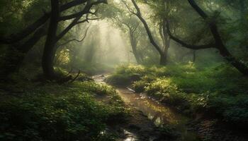 misterioso nebbia coperte tranquillo foresta, rivelatrice natura incantevole bellezza generato di ai foto