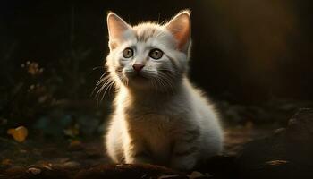 carino gattino seduta nel erba, fissando a telecamera con curiosità generato di ai foto