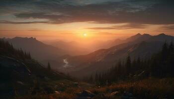 maestoso montagna picco, tranquillo prato, tramonto silhouette, natura bellezza generato di ai foto