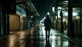 un' solitario figura passeggiate attraverso il buio città, un' pendolare generato di ai foto