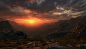 tramonto al di sopra di maestoso montagna gamma, un' tranquillo scena di naturale bellezza generato di ai foto