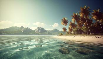 idilliaco estate paesaggio blu acqua, sabbioso spiaggia, tropicale palma alberi generato di ai foto