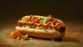 grigliato caldo cane, manzo, panino, ketchup, picnic, estate generato di ai foto