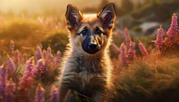 carino cucciolo seduta nel erba, godendo natura bellezza generato di ai foto