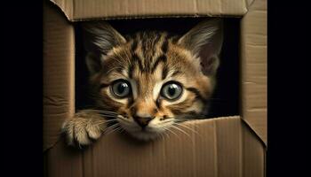 carino gattino sbirciando su di scatola, curioso e giocoso generato di ai foto
