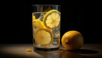 fresco Limone fetta su un' di legno tavolo, rinfrescante estate bevanda generato di ai foto