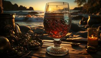 potabile bicchiere su tavolo, tramonto, vino, rilassamento, natura, celebrazione generato di ai foto