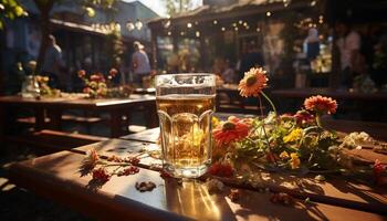 un' fresco giallo fiore decora il all'aperto tavolo a il pub generato di ai foto