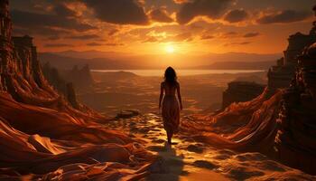 un' donna sta su un' scogliera, ammirazione il tramonto bellezza generato di ai foto