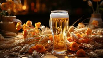 fresco frutti di mare e birra su di legno tavolo, un' buongustaio celebrazione generato di ai foto