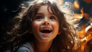 sorridente bambino, carino e allegro, godendo natura spensierato estate generato di ai foto