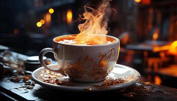 caldo caffè bevanda su di legno tavolo con vapore e schiumoso latte generato di ai foto