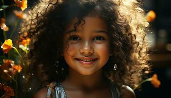 sorridente bambino con Riccio capelli gode natura, spensierato e contento generato di ai foto