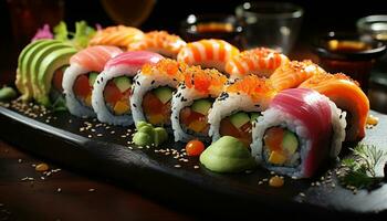 freschezza e culture su un' piatto frutti di mare, Sushi, avocado, verdura generato di ai foto