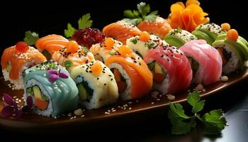 freschezza su un' piatto frutti di mare, sashimi, maki Sushi, avocado, nigiri generato di ai foto