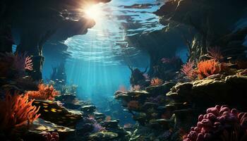 subacqueo pesce nuotare nel natura scogliera, in profondità sotto il blu generato di ai foto