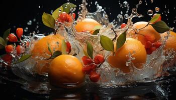 freschezza di agrume frutta, bagnato con spruzzi acqua, natura salutare mangiare generato di ai foto