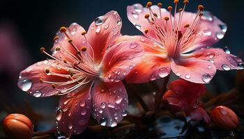un' vivace mazzo di colorato fiori, bagnato con gocce di pioggia generato di ai foto