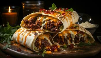 pronto per mangiare fatti in casa messicano cibo Manzo taco, grigliato Maiale burrito generato di ai foto