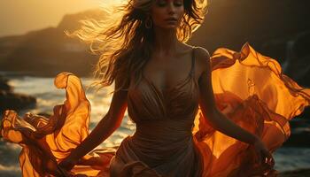 un' giovane donna godendo il tramonto, Abbracciare una persona natura bellezza generato di ai foto