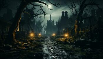 spaventoso notte, buio Halloween, orrore mistero, vecchio cristianesimo lapide generato di ai foto