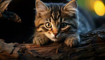 carino gattino seduta all'aperto, fissando a telecamera nel natura generato di ai foto