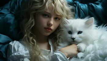 carino biondo ragazza Abbracciare una persona piccolo gattino su letto, guardare gioioso generato di ai foto