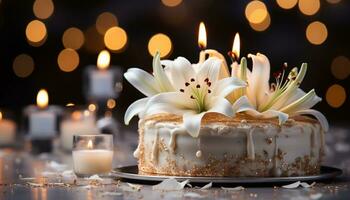 buongustaio dolce, cioccolato torta, lume di candela celebrazione, raggiante con dolcezza generato di ai foto